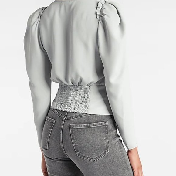 NWT Express Gray Puff Sleeve V-Neck Top Blouse - Picture 2 of 5